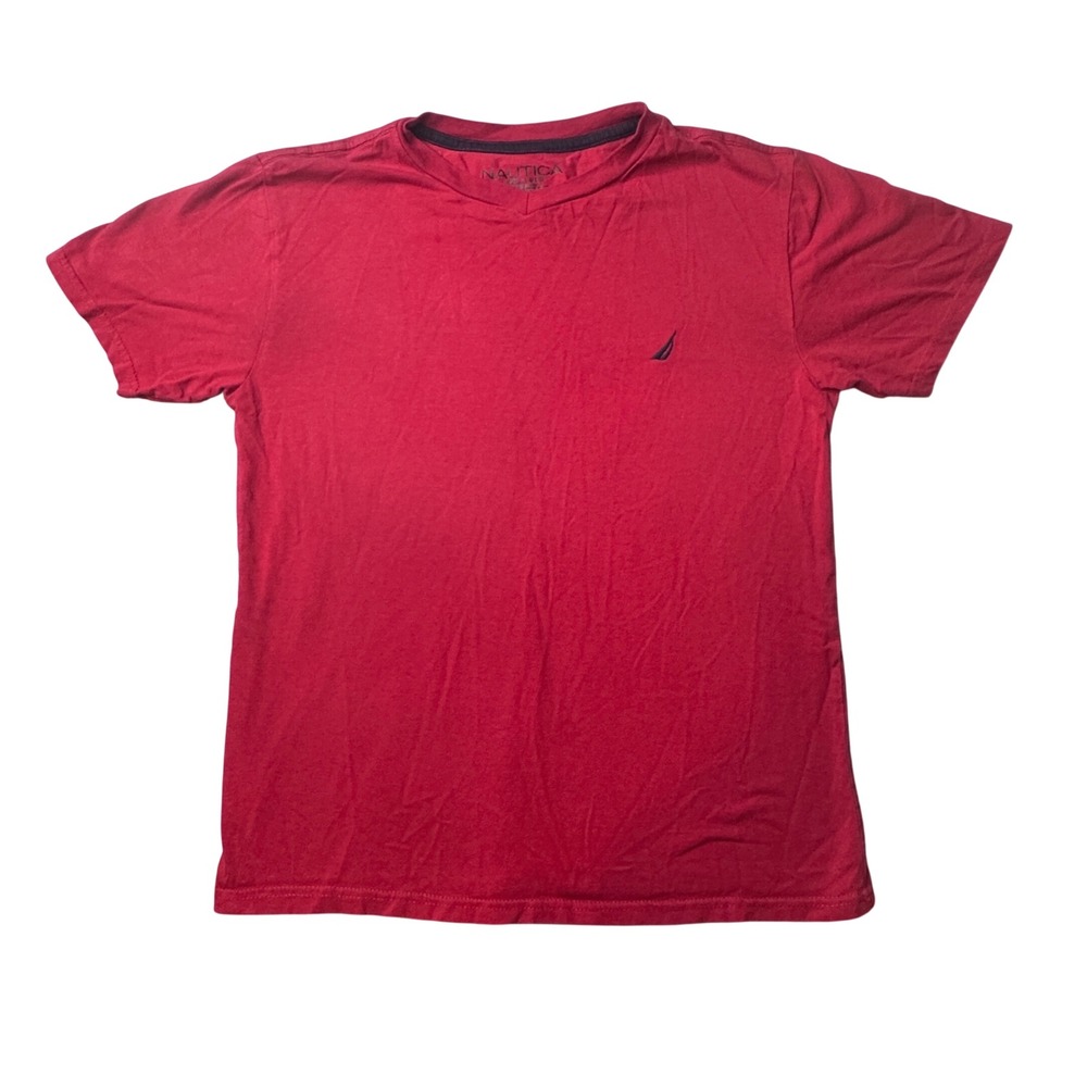 Nautica T-Shirt Kids L 14/16 Red V-Neck Short Sleeve Embroidered Logo Cotton Tee